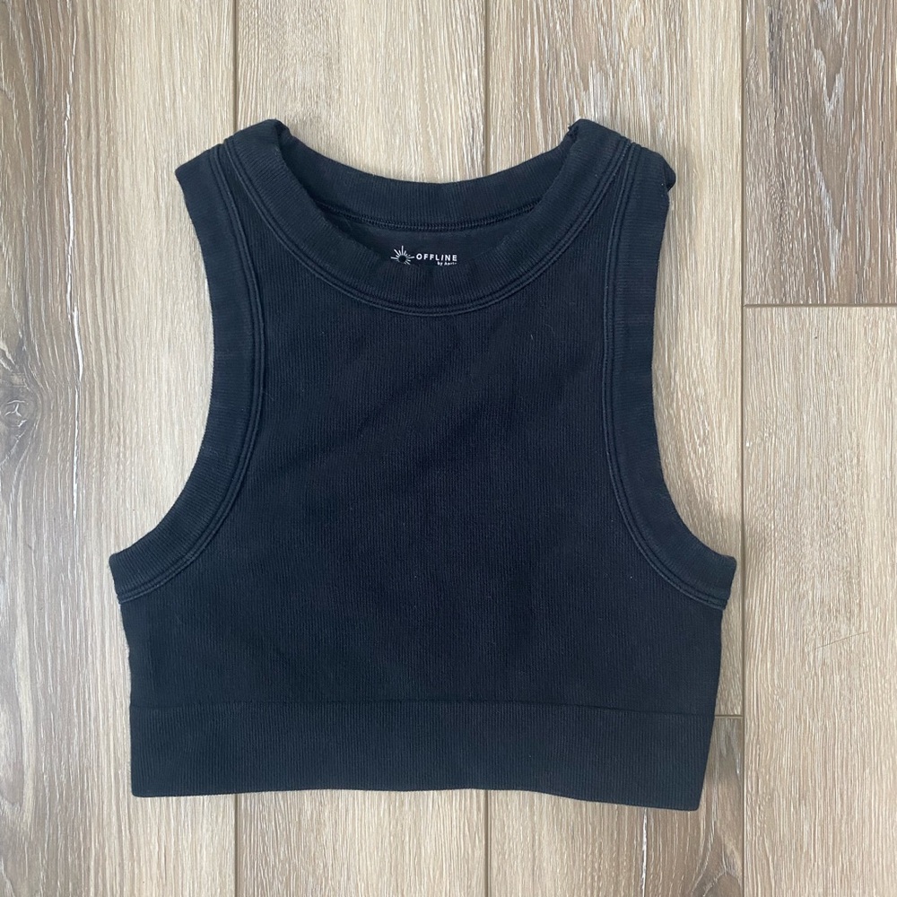 aerie Black Ribbed Cropped Tank Top